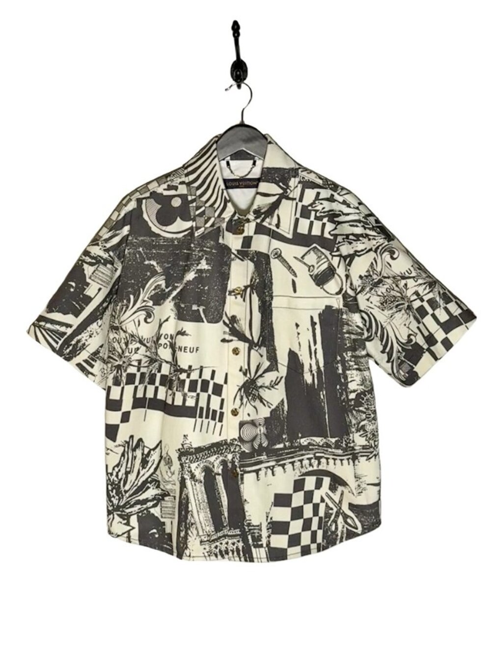 Louis Vuitton SS23 Black Ivory Pont-Neuf Graphic Print Denim Shirt